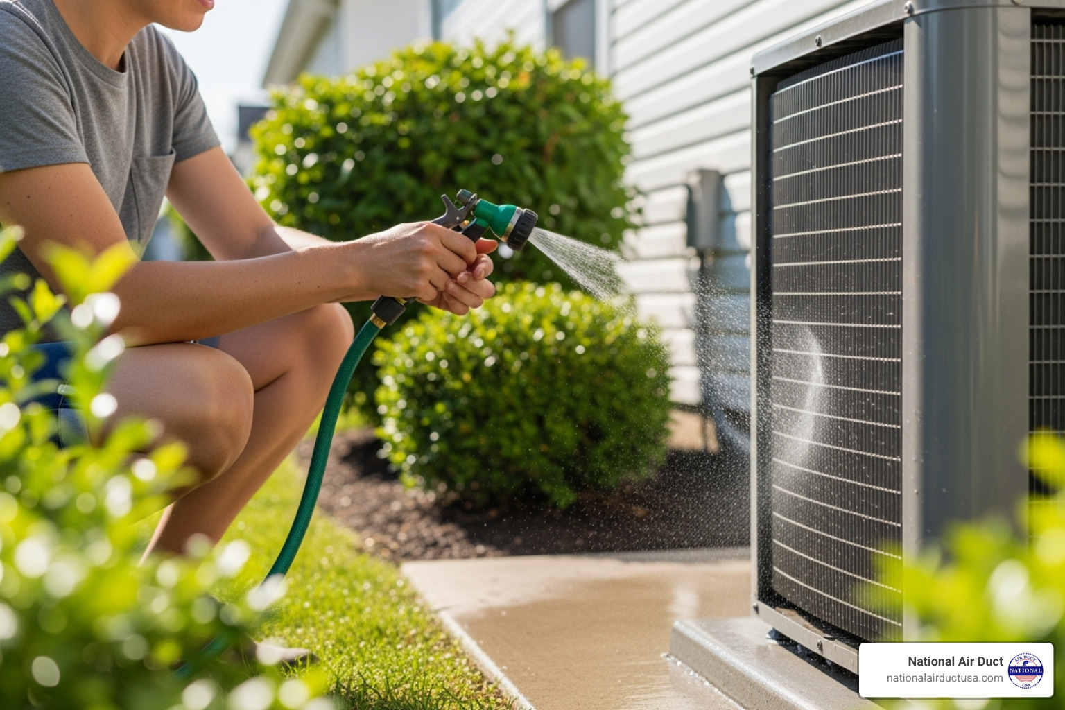 person gently spraying an outdoor condenser unit with a garden hose - how to clean house air conditioner