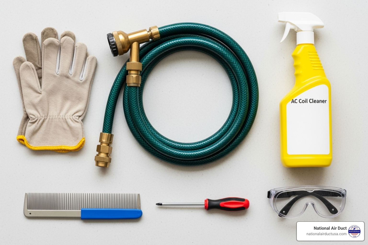 necessary cleaning tools laid out: garden hose, coil cleaner, fin comb, screwdriver, gloves, safety goggles - how to clean house air conditioner