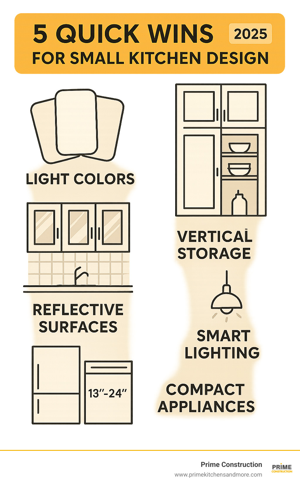 Infographic showing 5 quick wins for small kitchen design: Light Colors with paint swatches showing whites and creams, Vertical Storage with ceiling-height cabinets illustration, Reflective Surfaces showing glass cabinet doors and glossy backsplashes, Smart Lighting with under-cabinet LED strips and pendant lights, and Compact Appliances showing 18-24 inch refrigerator and dishwasher dimensions - kitchen design for small space infographic 