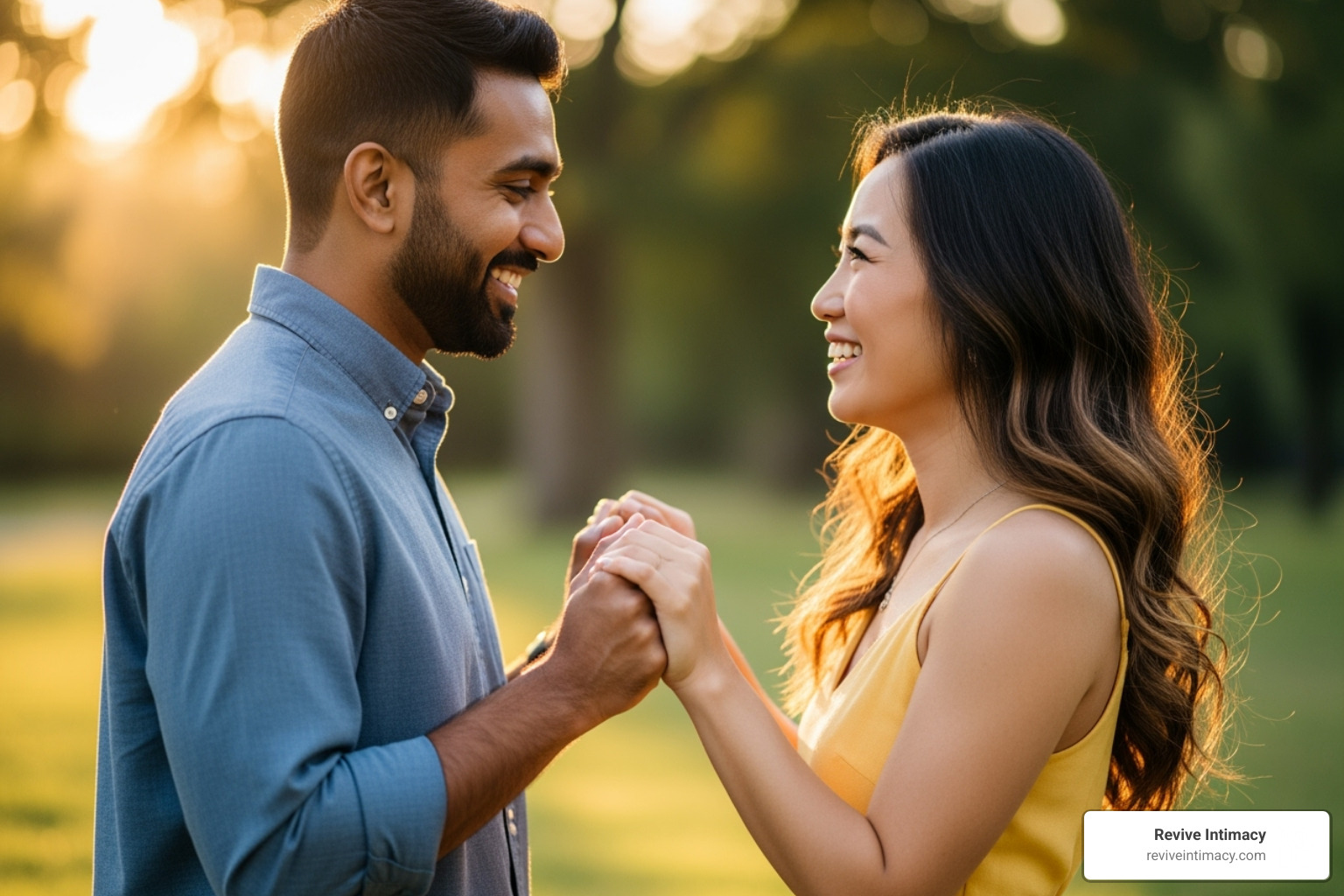 A couple holding hands, smiling and looking into each other's eyes, conveying deep emotional connection and warmth. - Couples intimacy therapy