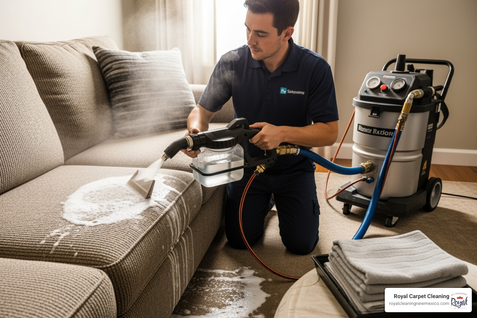 Technician cleaning a microfiber couch - upholstery cleaning albuquerque