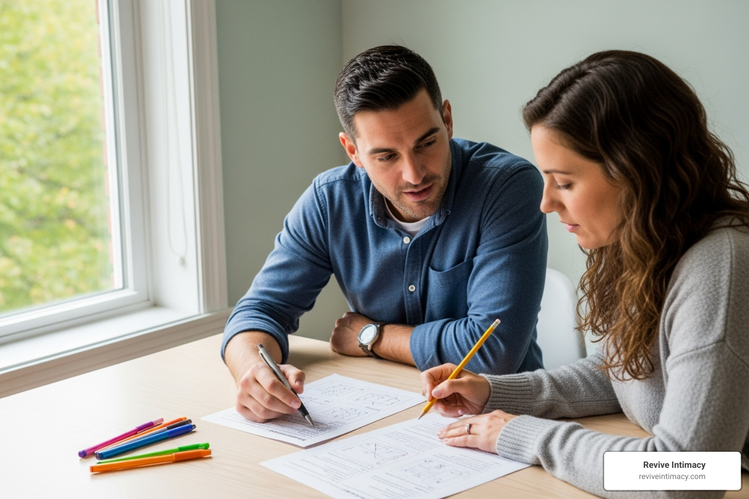 A couple working together on a worksheet in a comfortable, bright room. - couples counseling intensives