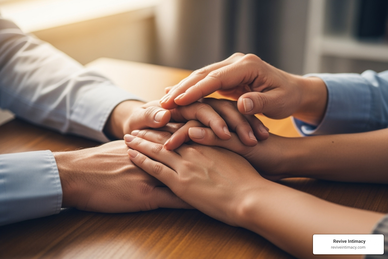 A therapist's hands holding two other hands, symbolizing support and guidance. - couples counseling intensives