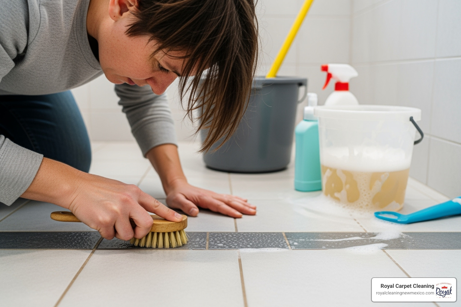 someone on their hands and knees scrubbing grout lines in a bathroom - best way to clean bathroom floor grout