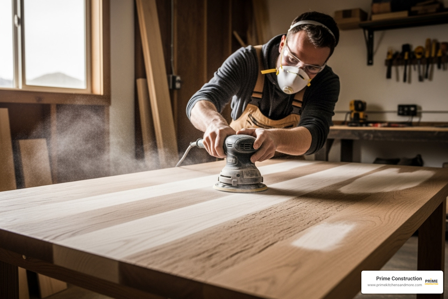 person using an orbital sander on a tabletop - remodel dining table