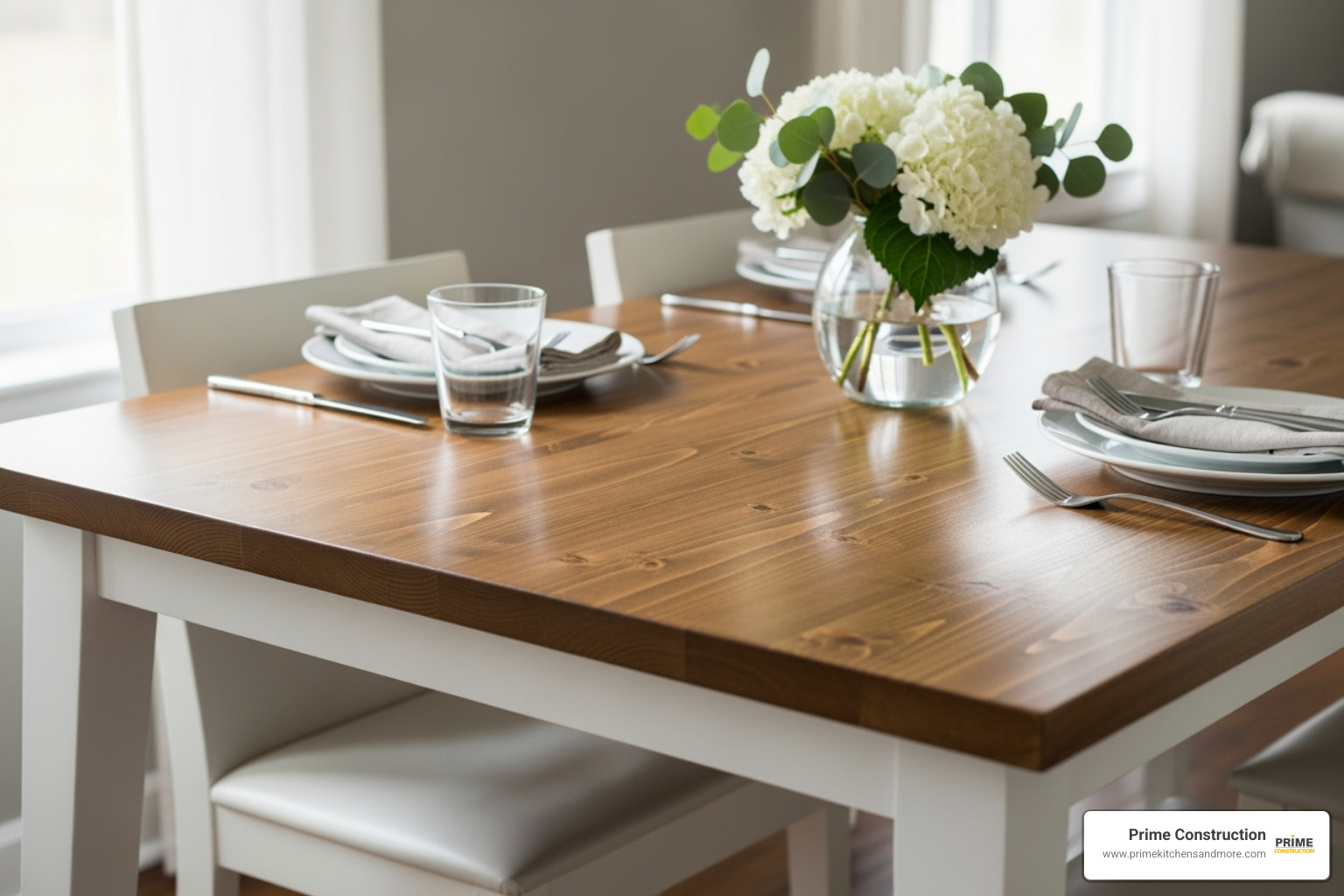 table with a freshly painted white base and a newly stained wood top - remodel dining table