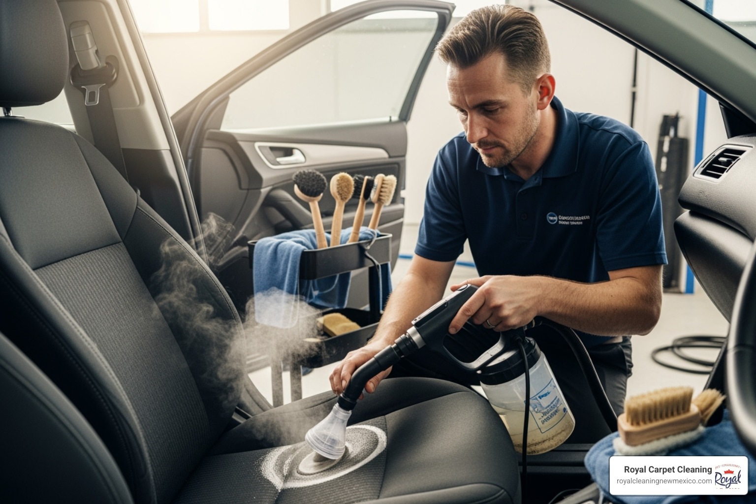 technician using a professional steam extractor on a car seat - car upholstery cleaning albuquerque