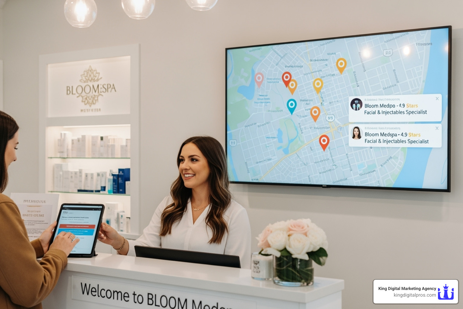 A fully optimized Google Business Profile for a medspa displayed on a smartphone screen, showing business name, address, phone, website, photos, reviews, and a clear call-to-action button - Local SEO for medspas