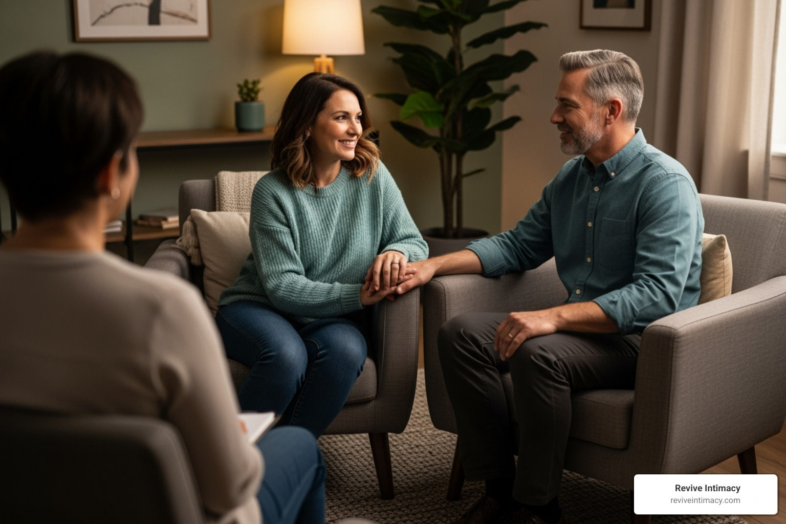 Couple in therapy having a positive connected moment - intensive couples counseling retreat