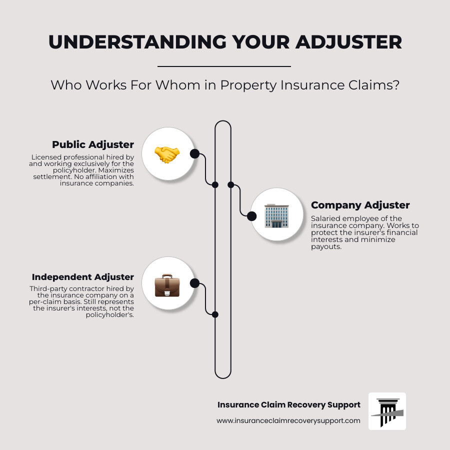 Detailed infographic explaining the difference between a public adjuster, a company adjuster, and an independent adjuster - Lakeway public adjuster infographic infographic-line-3-steps-neat_beige