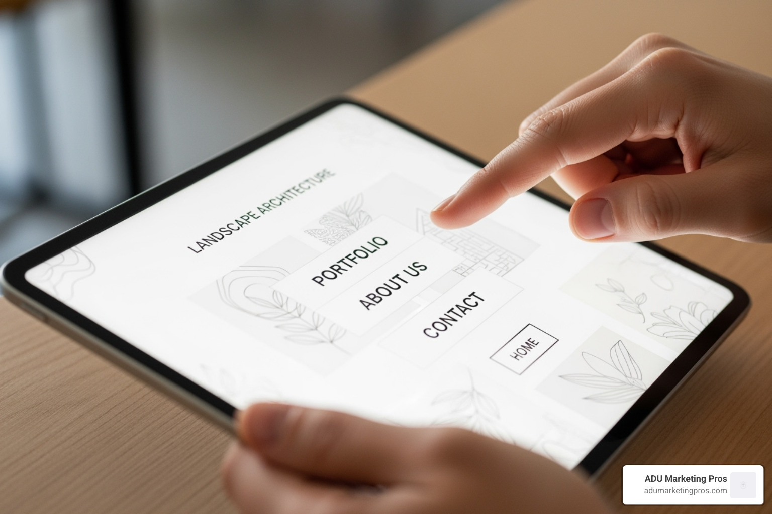A user navigating a clean, minimalist landscape architect website menu on a tablet, demonstrating intuitive UX. - landscape architect web design A user navigating a clean, minimalist landscape architect website menu on a tablet, demonstrating intuitive UX. - landscape architect web design