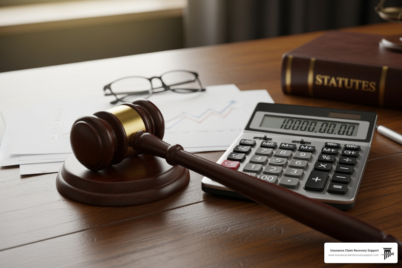 Gavel and a calculator, symbolizing the choice between litigation and adjustment - Lakeway public adjuster