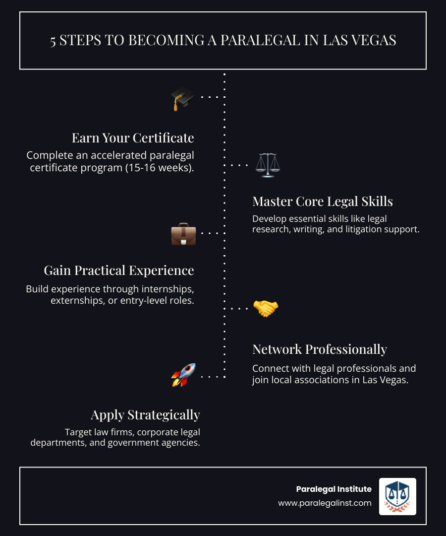 Infographic showing the 5-step process to become a paralegal in Las Vegas: 1. Complete a paralegal certificate program in 15-16 weeks, 2. Develop core legal skills through hands-on training, 3. Build practical experience via internships or externships, 4. Network with Las Vegas legal professionals and join associations, 5. Apply to law firms, corporations, and government agencies with strong job prospects - how to become a paralegal jobs las vegas infographic infographic-line-5-steps-dark