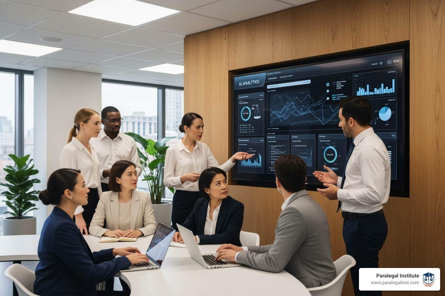 A diverse group of legal professionals collaborating around a screen showing AI analytics - legally ai A diverse group of legal professionals collaborating around a screen showing AI analytics - legally ai