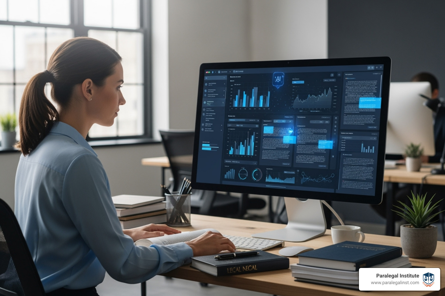 A paralegal using a computer with AI software to analyze documents - legally ai A paralegal using a computer with AI software to analyze documents - legally ai