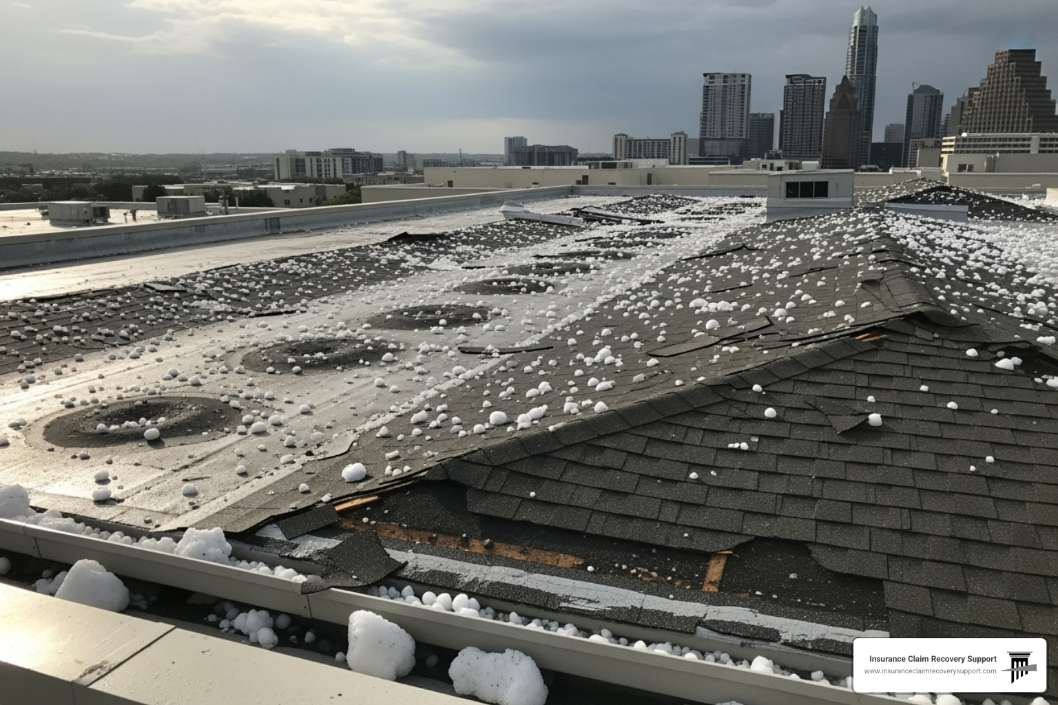 Hail-damaged commercial roof in the Austin area - Lakeway public adjuster