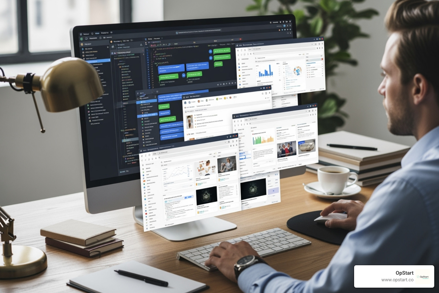 Person using multiple software platforms on a computer, indicating technological optimization - Back office administration