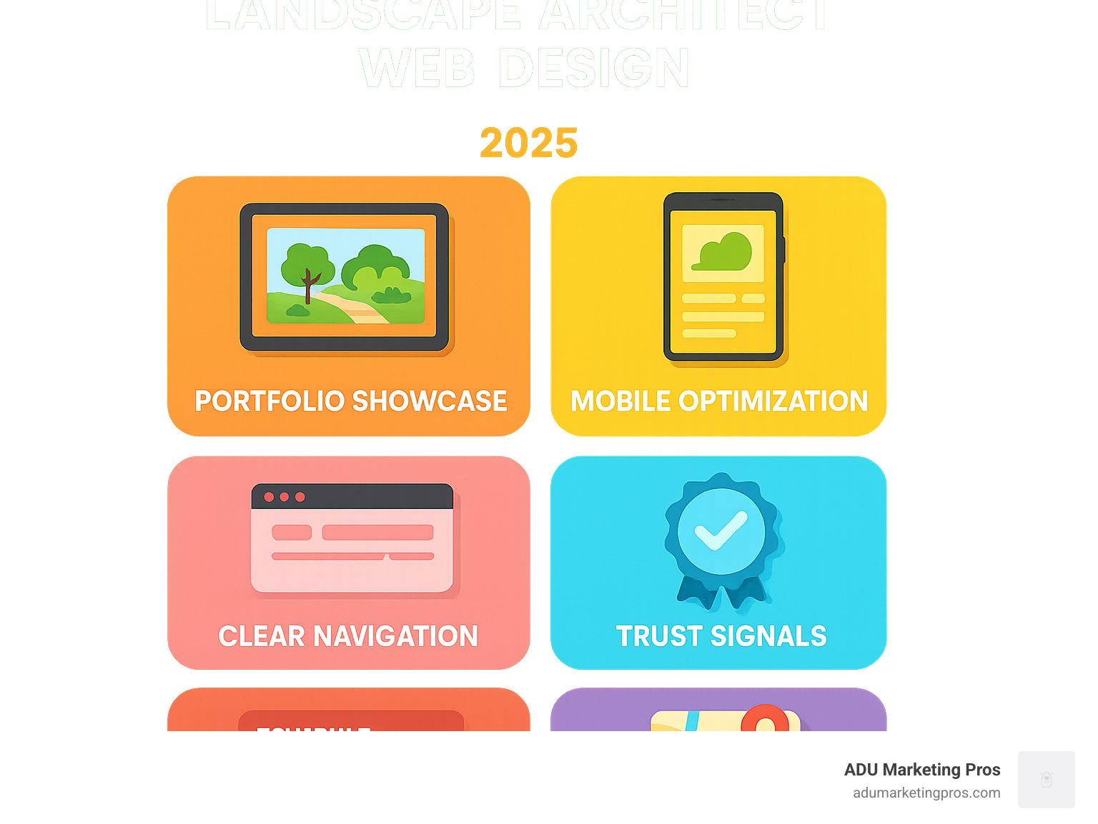 An infographic breaking down the essential components of landscape architect web design: Portfolio Showcase, Mobile Optimization, Clear Navigation, Trust Signals, Strategic CTAs, and Local SEO. - landscape architect web design infographic An infographic breaking down the essential components of landscape architect web design: Portfolio Showcase, Mobile Optimization, Clear Navigation, Trust Signals, Strategic CTAs, and Local SEO. - landscape architect web design infographic