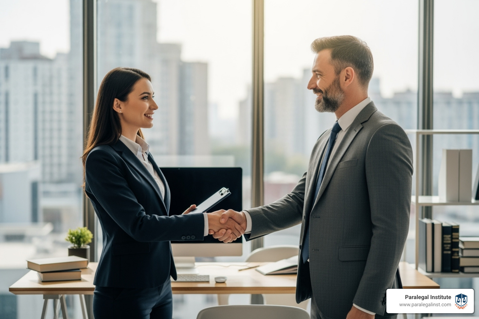A paralegal shaking hands with a lawyer in a modern office, symbolizing career success and collaboration - paralegal career information A paralegal shaking hands with a lawyer in a modern office, symbolizing career success and collaboration - paralegal career information