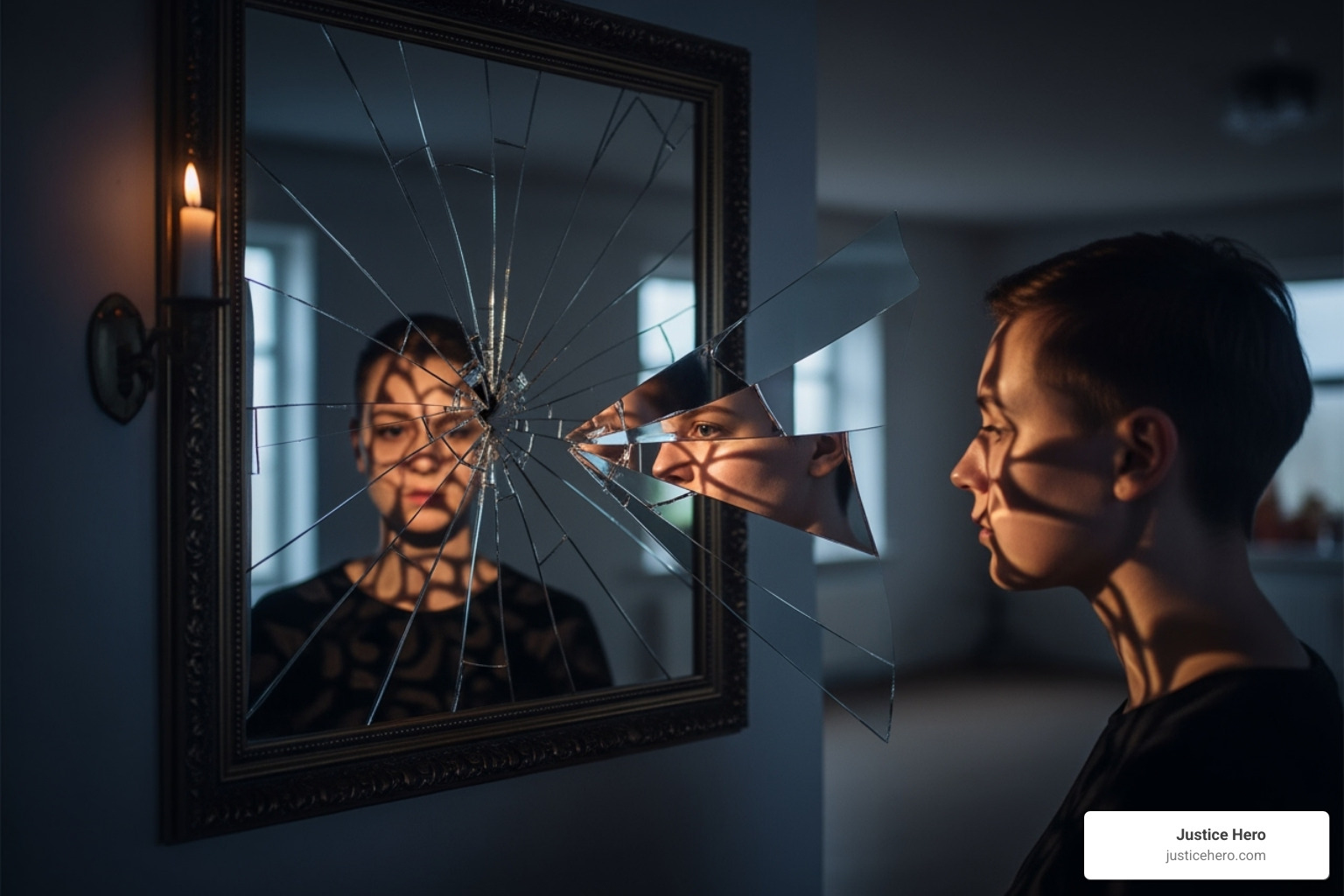 Illustrative image depicting the concept of long-term emotional trauma, perhaps through fractured reflections or a shadowy figure - juvenile sex abuse