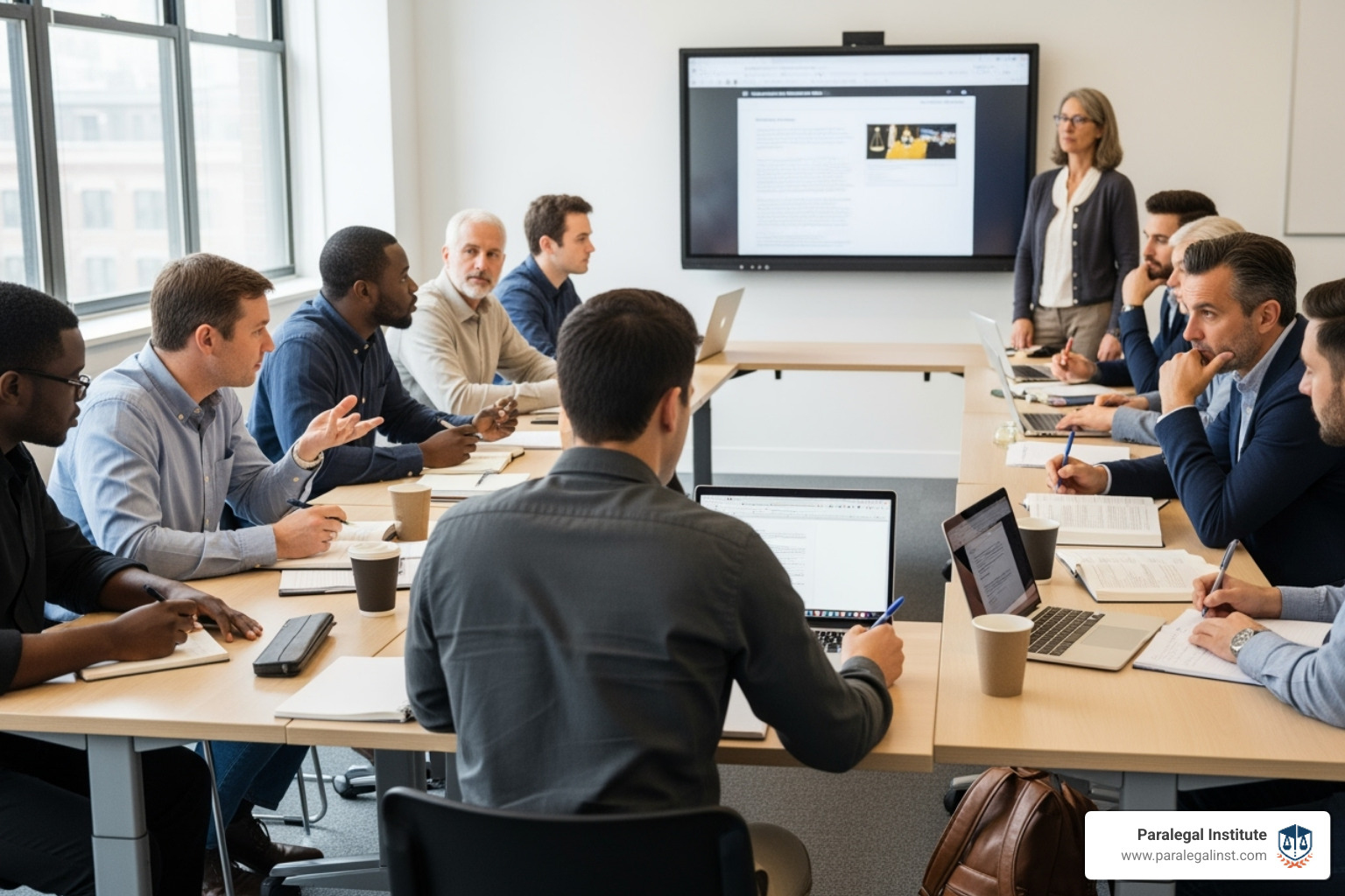 A diverse group of students in a paralegal training class, engaged in discussion and note-taking - paralegal career information A diverse group of students in a paralegal training class, engaged in discussion and note-taking - paralegal career information
