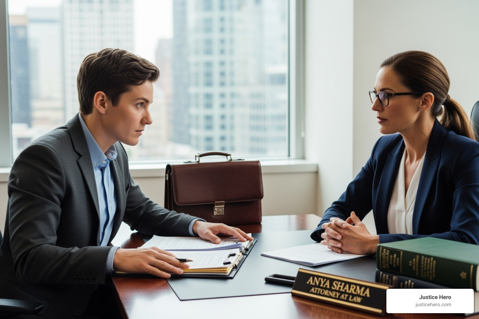 person confidently speaking with a lawyer across a desk - whiplash injury compensation