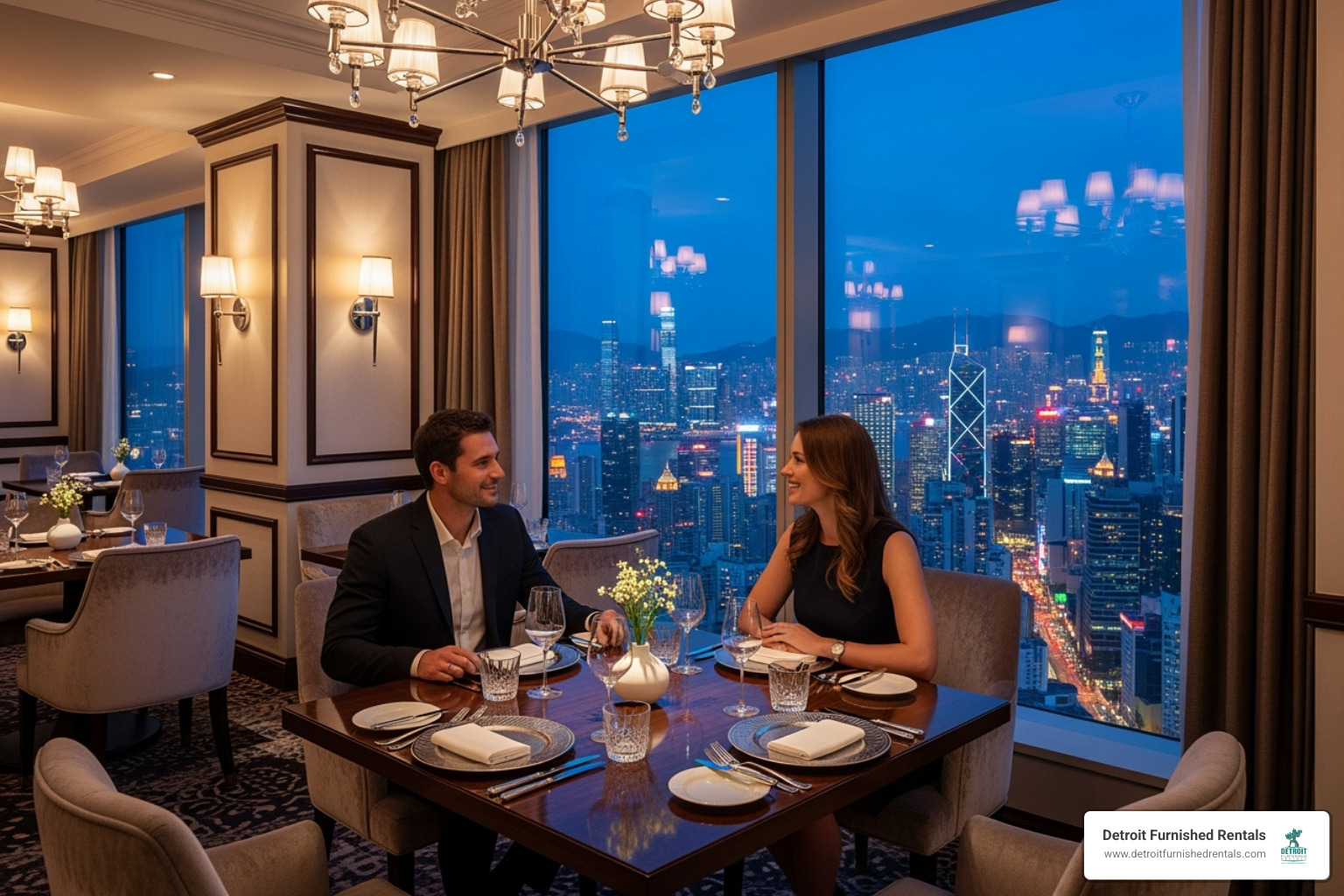 skyline view from a top-floor restaurant - fancy dinner detroit
