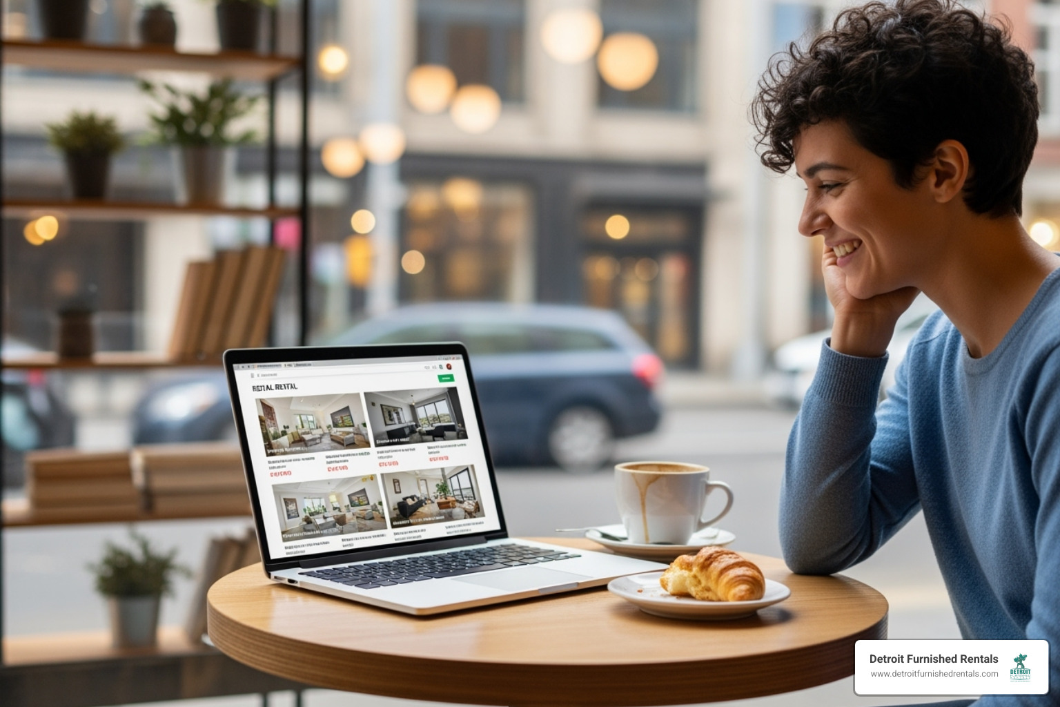 A person smiling while browsing rental listings on a laptop in a cafe - short term housing detroit