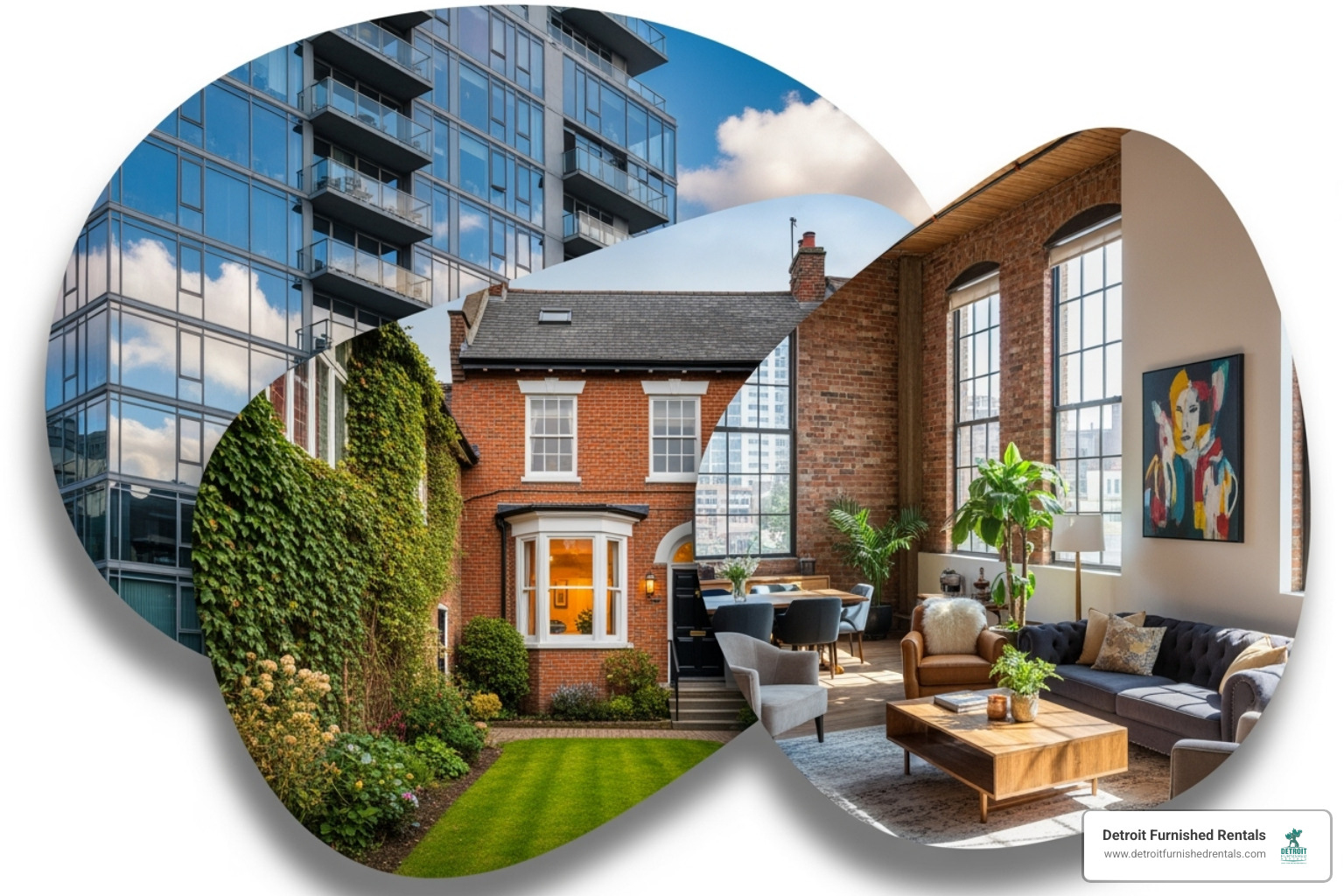 A collage of housing types: a modern apartment building, a historic brick house, and a trendy loft interior - short term housing detroit