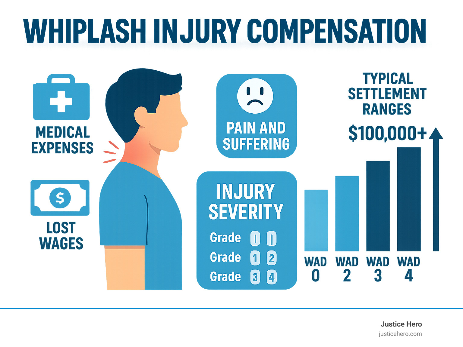 Infographic showing whiplash injury compensation factors including medical expenses, lost wages, pain and suffering, injury severity grades WAD 0-4, and typical settlement ranges from $2,500 for mild cases to $100,000+ for severe cases - whiplash injury compensation infographic 