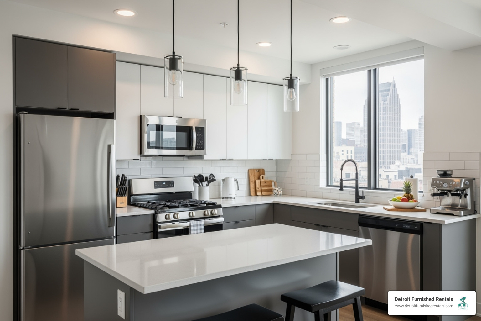 A modern kitchen in a furnished Detroit apartment - detroit furnished apartments