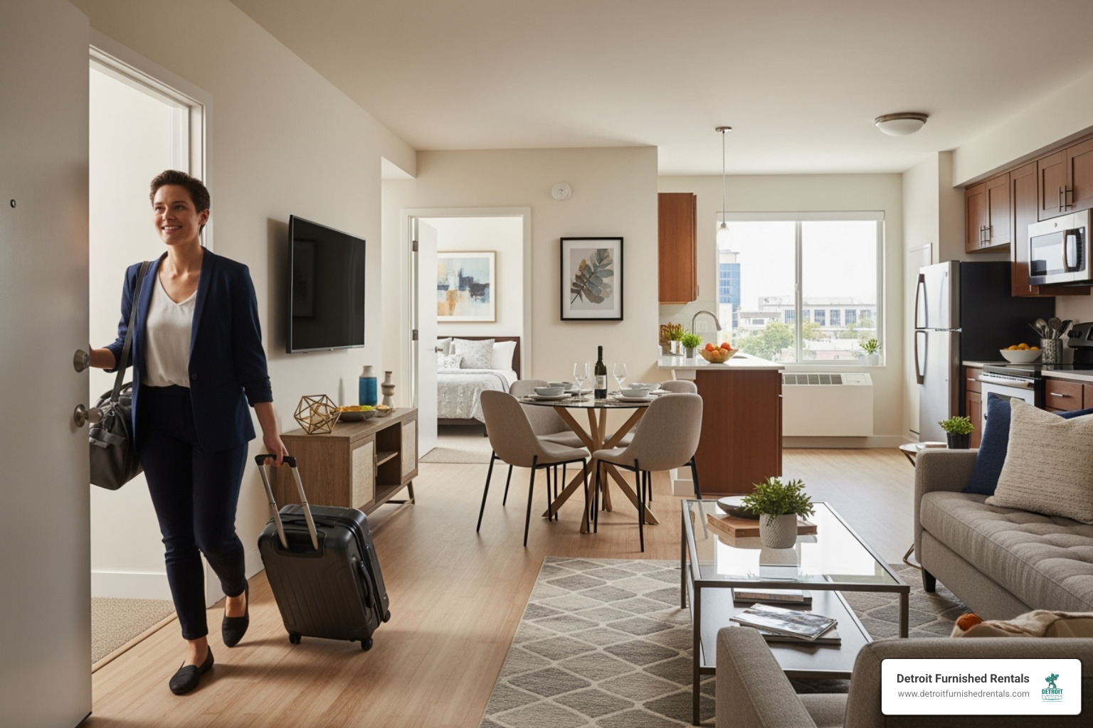 A person with a suitcase easily entering a fully furnished apartment - detroit furnished apartments