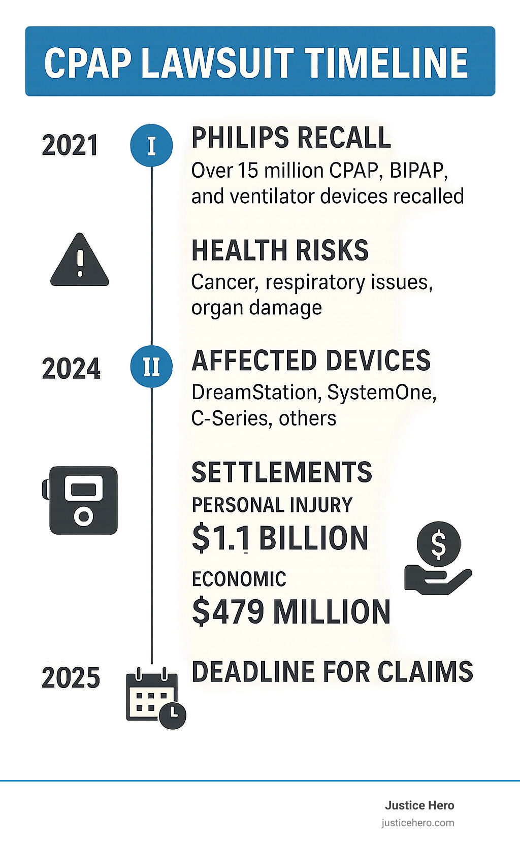 Comprehensive infographic showing the CPAP lawsuit timeline from the 2021 Philips recall through the 2024 billion-dollar settlements, including key health risks, affected device models, settlement amounts, and important deadlines for claims - what is the cpap lawsuit infographic Comprehensive infographic showing the CPAP lawsuit timeline from the 2021 Philips recall through the 2024 billion-dollar settlements, including key health risks, affected device models, settlement amounts, and important deadlines for claims - what is the cpap lawsuit infographic
