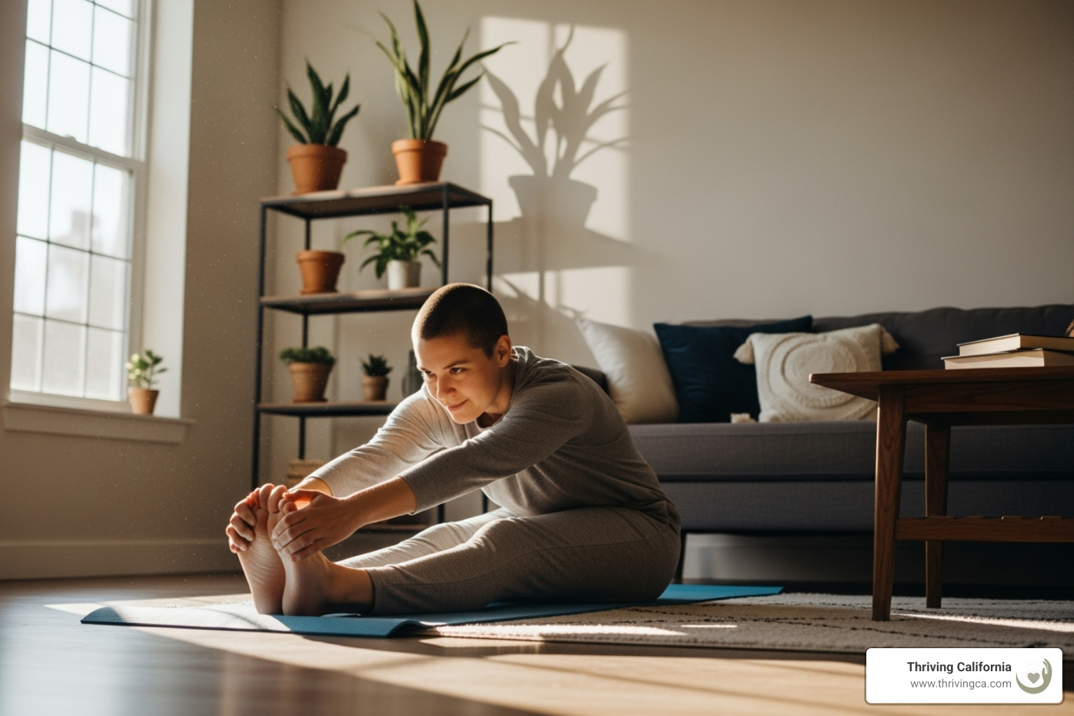A parent doing a simple yoga stretch in their living room - self-care for parents