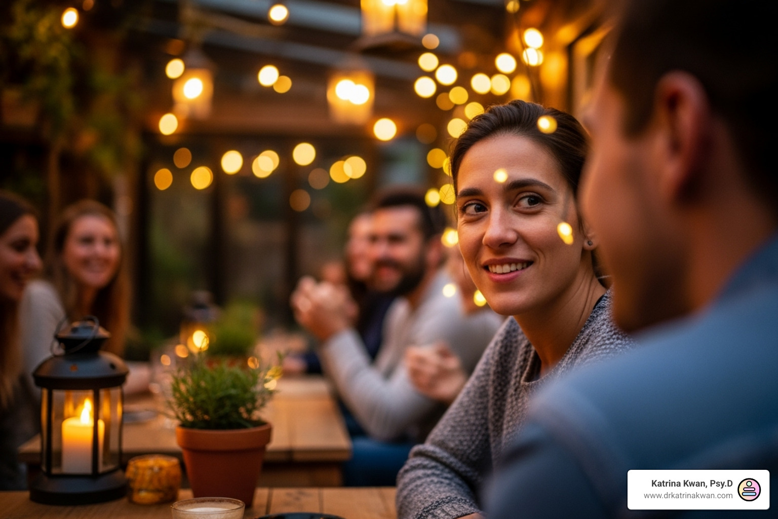 Image of a person looking relaxed and engaged in a social setting - safe and sound protocol effectiveness