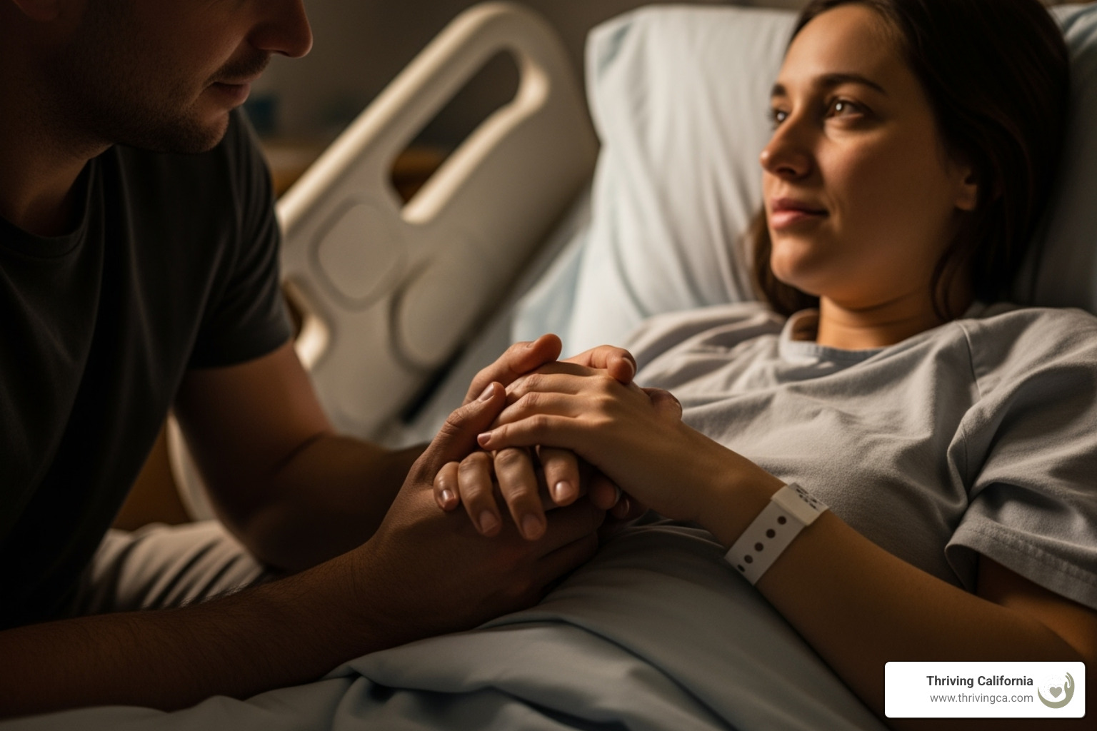 supportive partner holding new mother's hand - postpartum anxiety counseling
