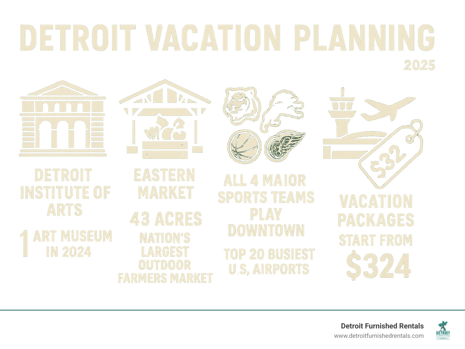 Detroit vacation planning infographic showing key statistics: Detroit Institute of Arts ranked #1 art museum in 2024, Eastern Market spans 43 acres as the nation's largest outdoor farmers market, all 4 major sports teams play downtown, Detroit Metropolitan Airport ranks in top 20 busiest US airports, and vacation packages start from $324 - detroit vacation infographic 
