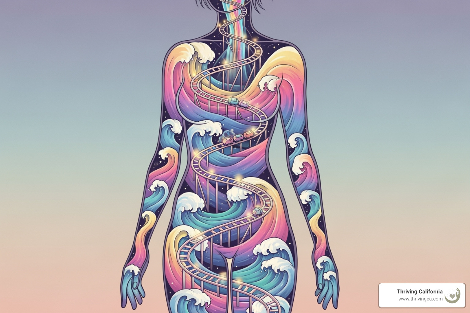 Illustration showing the rapid hormonal fluctuations during and after pregnancy, depicting a rollercoaster or wave pattern - maternal mental health California