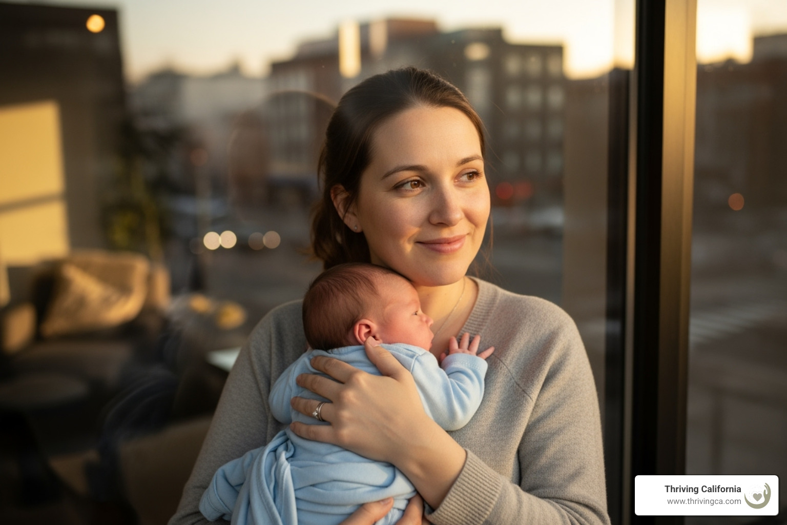 Mother holding baby looking out window - postpartum PTSD