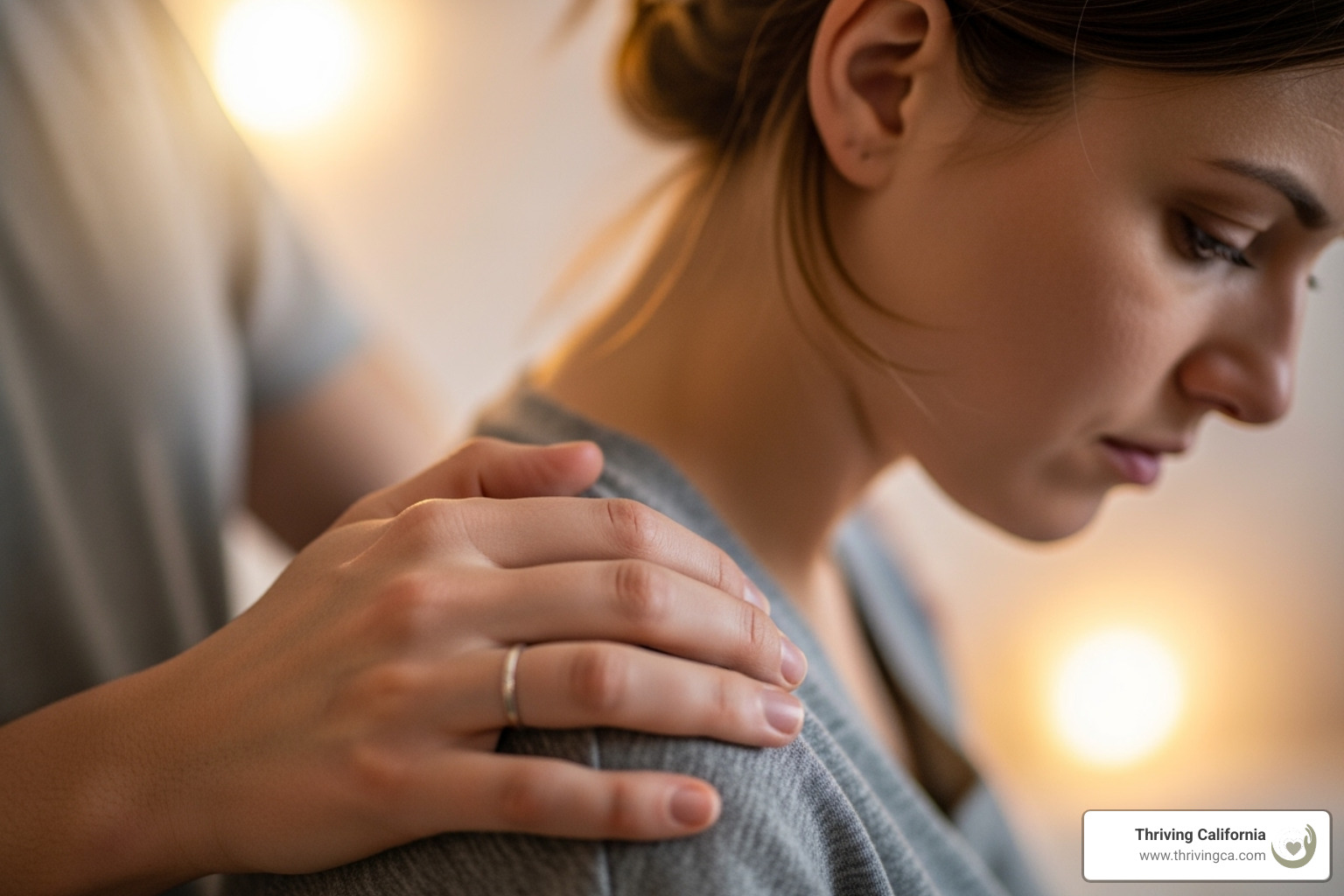 Supportive hand on new mother's shoulder - postpartum PTSD