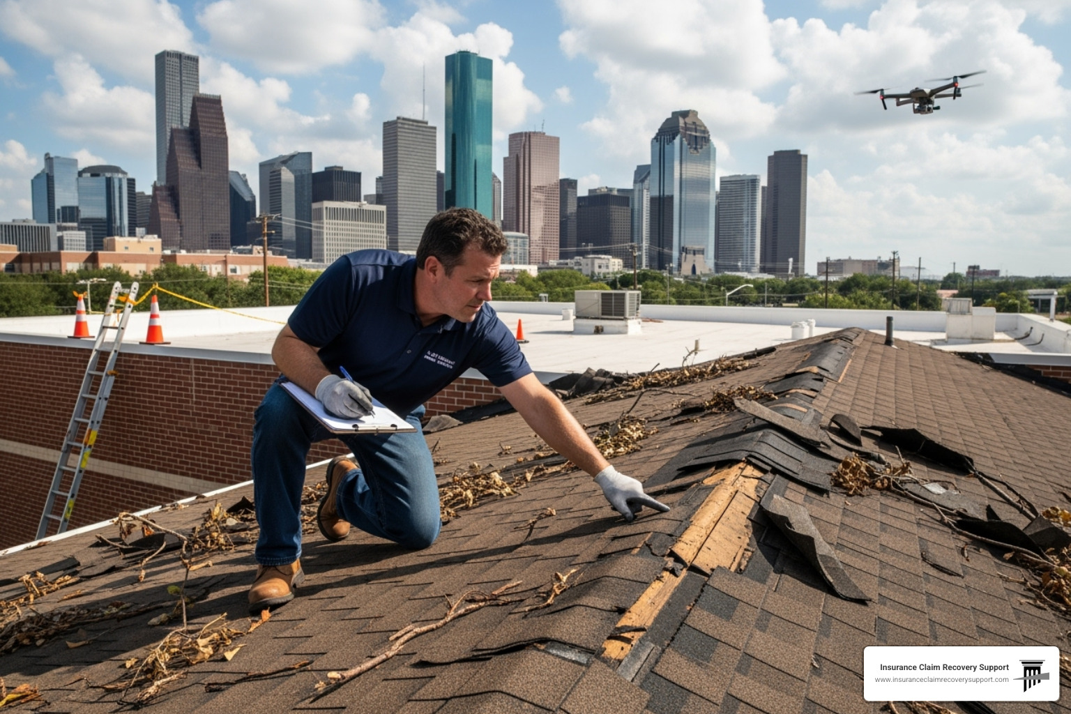 public adjuster inspecting a damaged commercial roof in Houston - Houston public adjuster