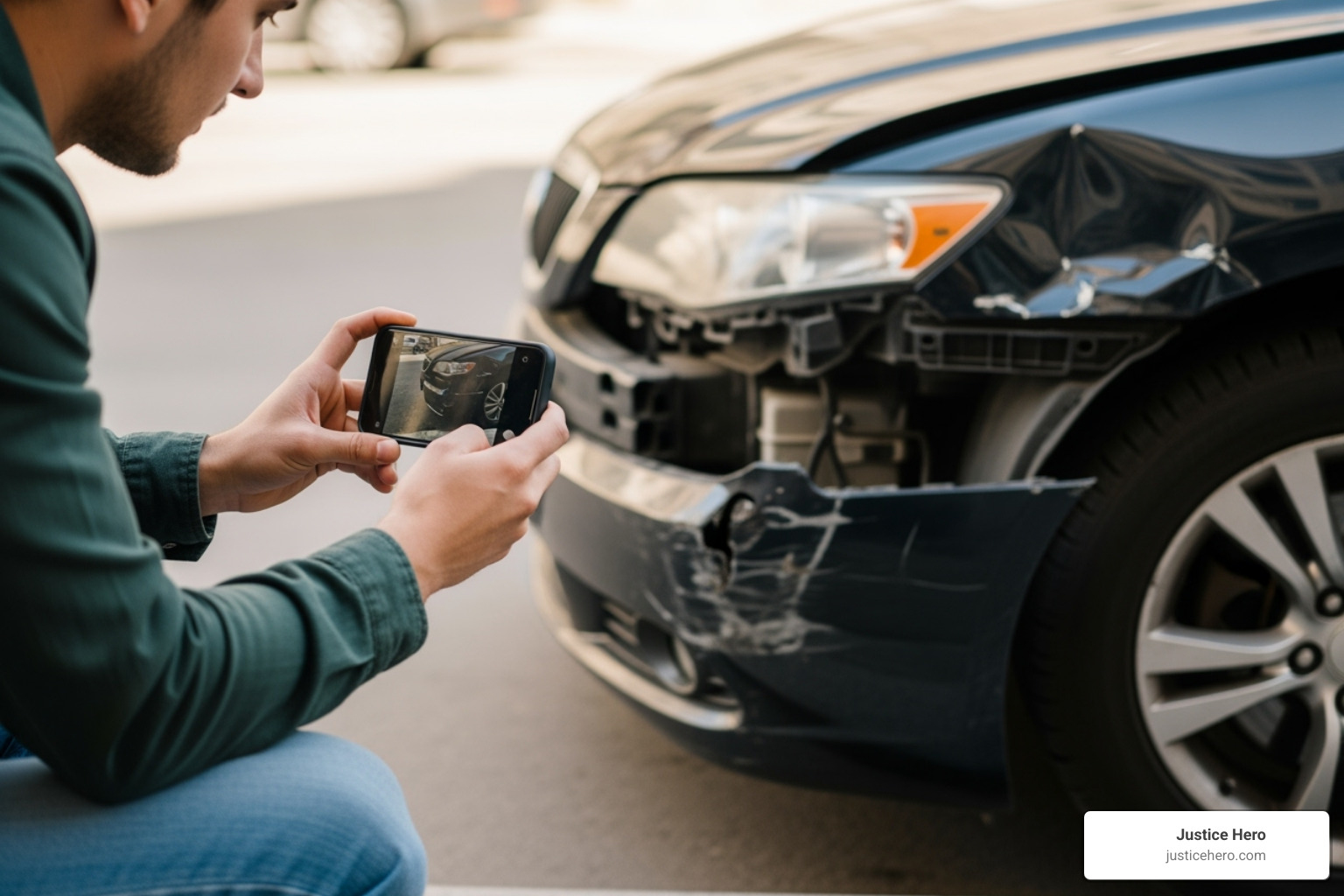 A person taking photos of car damage with a smartphone - car accident legal advice