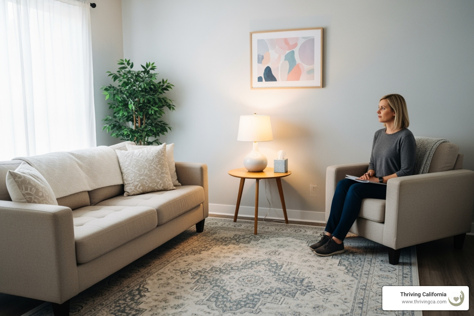 a calm and professional therapy session setting - overcoming postpartum depression