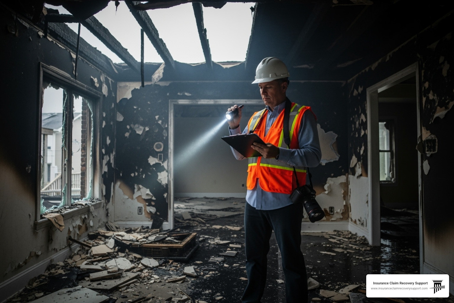 adjuster carefully inspecting fire damage - fire damage adjuster miami