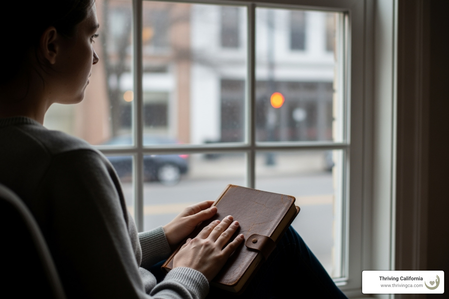 An image of a single person journaling or reflecting near a window, symbolizing introspection and the exploration of inner thoughts and feelings. - therapy relationship anxiety