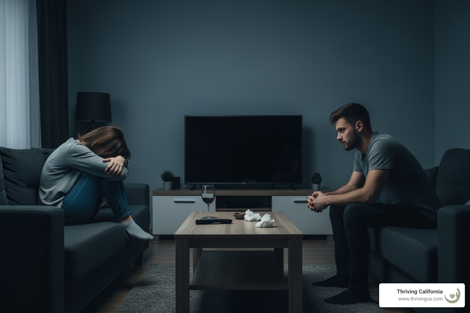 A couple sitting apart on a couch, looking disconnected, illustrating the emotional distance and strain relationship anxiety can create. - therapy relationship anxiety