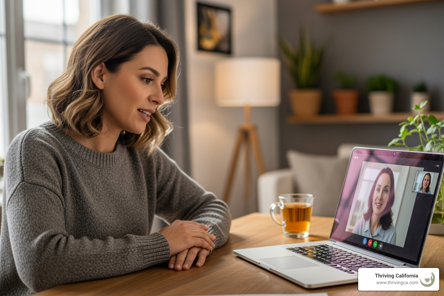 Woman talking to a therapist via telehealth on her laptop - overcoming postpartum anxiety