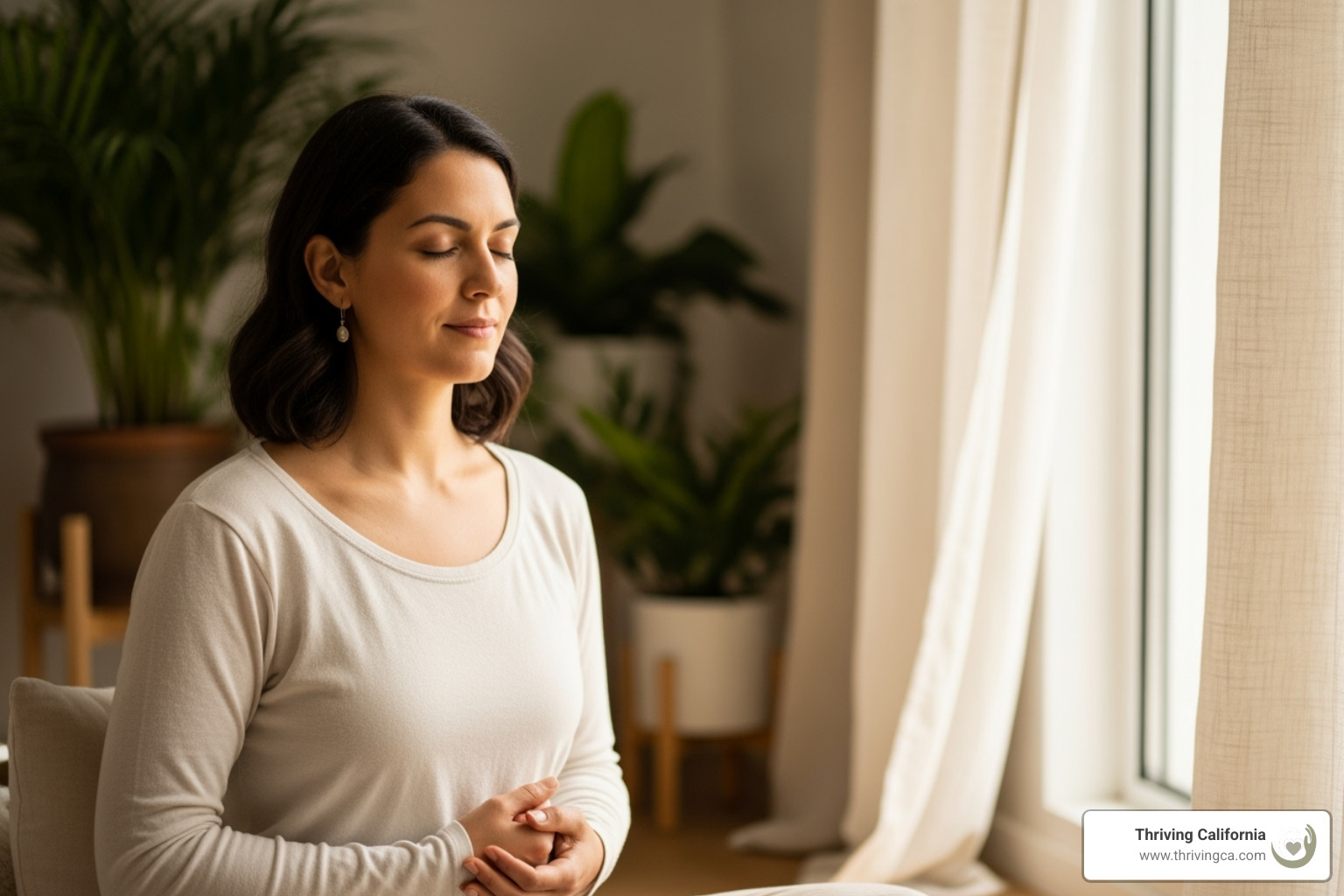 Mother practicing deep breathing in a calm setting - overcoming postpartum anxiety