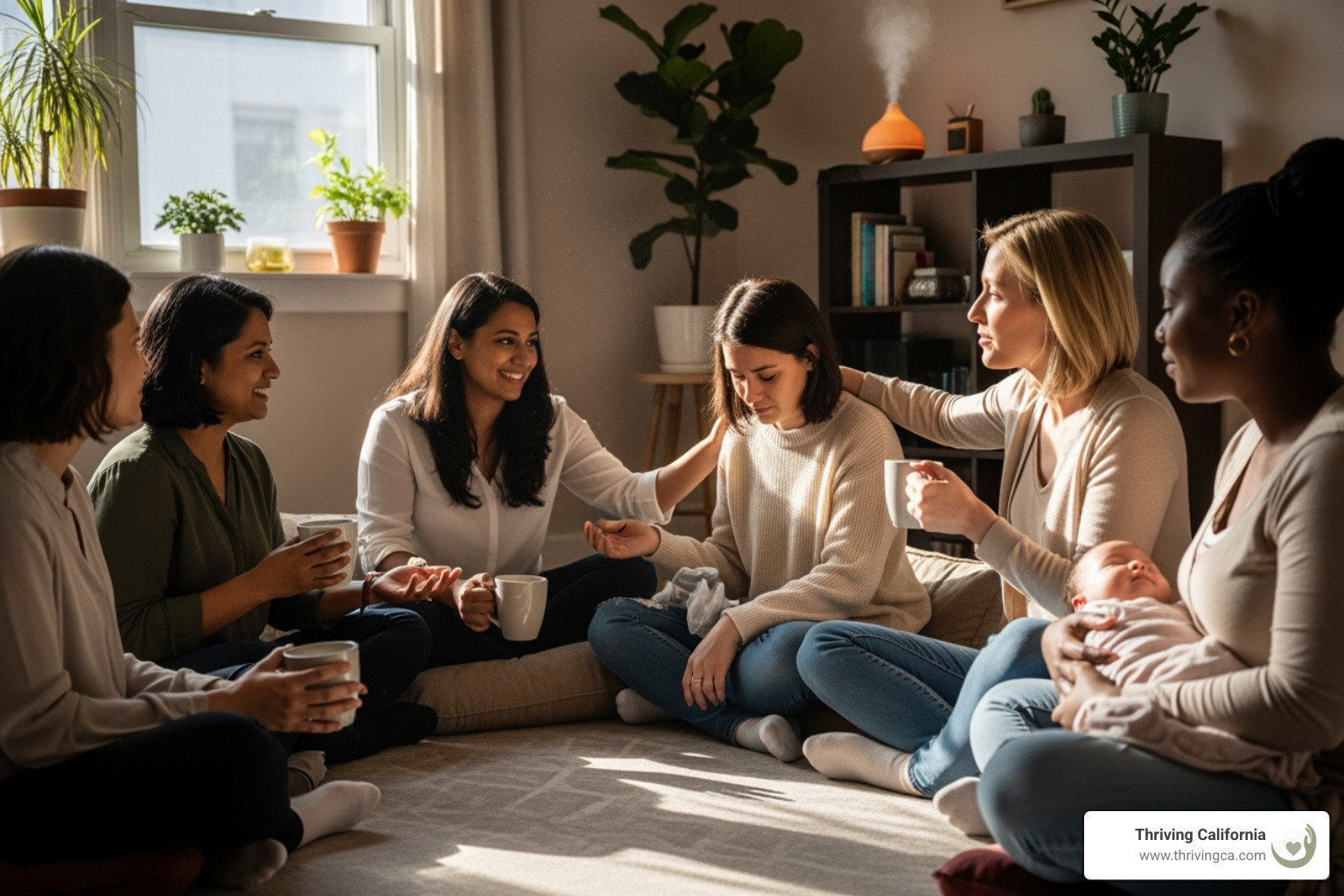 Diverse group of new mothers talking in a supportive circle - overcoming postpartum anxiety