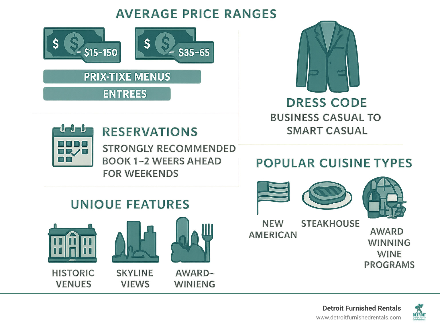Detailed infographic showing Detroit's fancy dinner landscape including average price ranges ($75-150 for prix-fixe menus, $35-65 for entrees), dress code requirements (business casual to smart casual), reservation policies (strongly recommended, book 1-2 weeks ahead for weekends), popular cuisine types (New American, seafood, steakhouse, international), and unique features like historic venues, skyline views, and award-winning wine programs - fancy dinner detroit infographic 